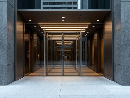 Sleek and secure screen doors on a modern office building