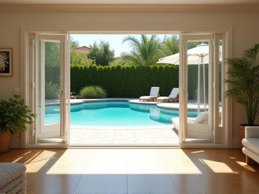 Glass stacking doors opening onto a suburban home's pool area