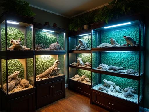 A series of custom-built, illuminated reptile enclosures in a home