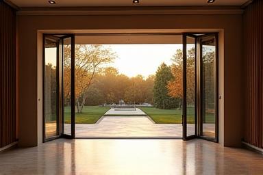 A fully opened bi-fold door system in a luxury home