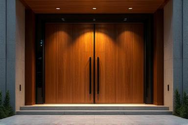 An oversized custom pivot front door made of wood and metal