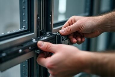 A technician's hands adjusting the mechanism of a sliding door
