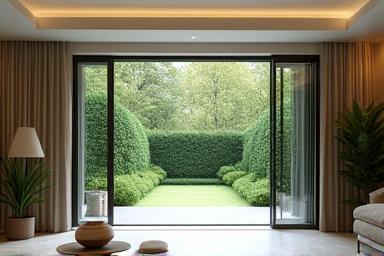 A wide glass stacking door connecting a living room to a backyard