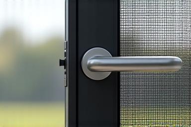 Close-up of a high-security screen door with a modern handle